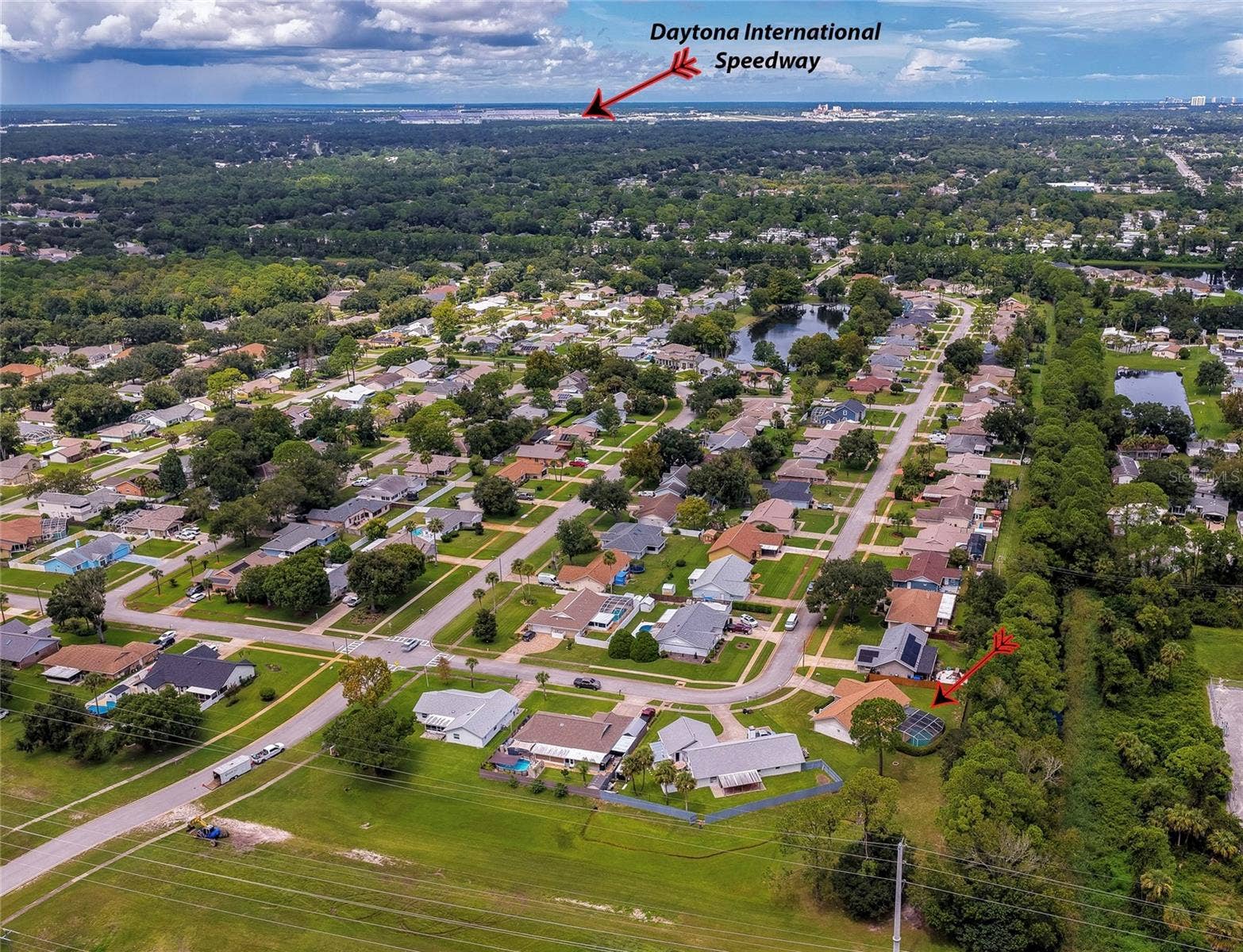 4669 SECRET RIVER TRAIL, Port Orange, FL 32129 Broad aerial view pointing out the regional location relative to Daytona International Speedway and surrounding residential sectors.