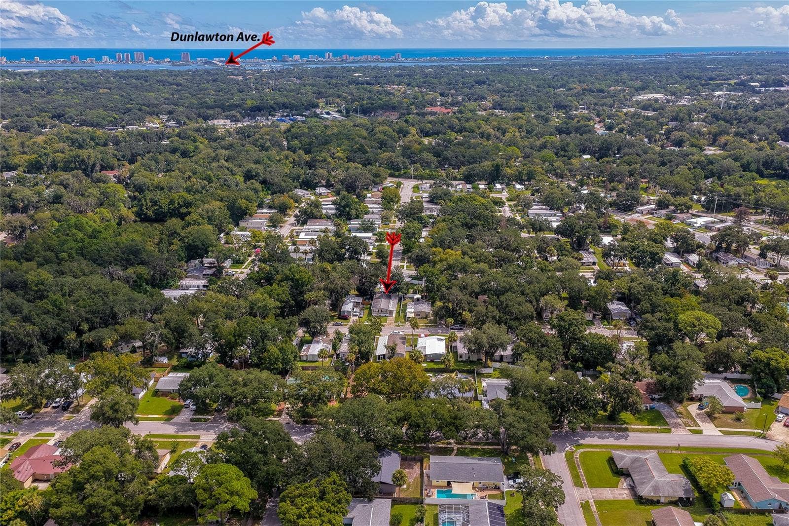 60 GOLDEN GATE CIRCLE, Port Orange, FL 32129 Elevated aerial perspective indicating the property's location relative to Dunlawton Avenue and the nearby coastal area.
