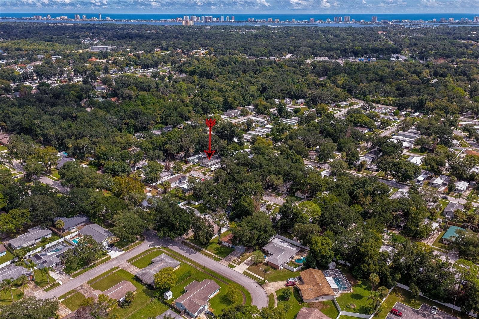 60 GOLDEN GATE CIRCLE, Port Orange, FL 32129 Expansive aerial view showcasing the home nestled within a lush, tree-lined neighborhood with distant views of the coastline.