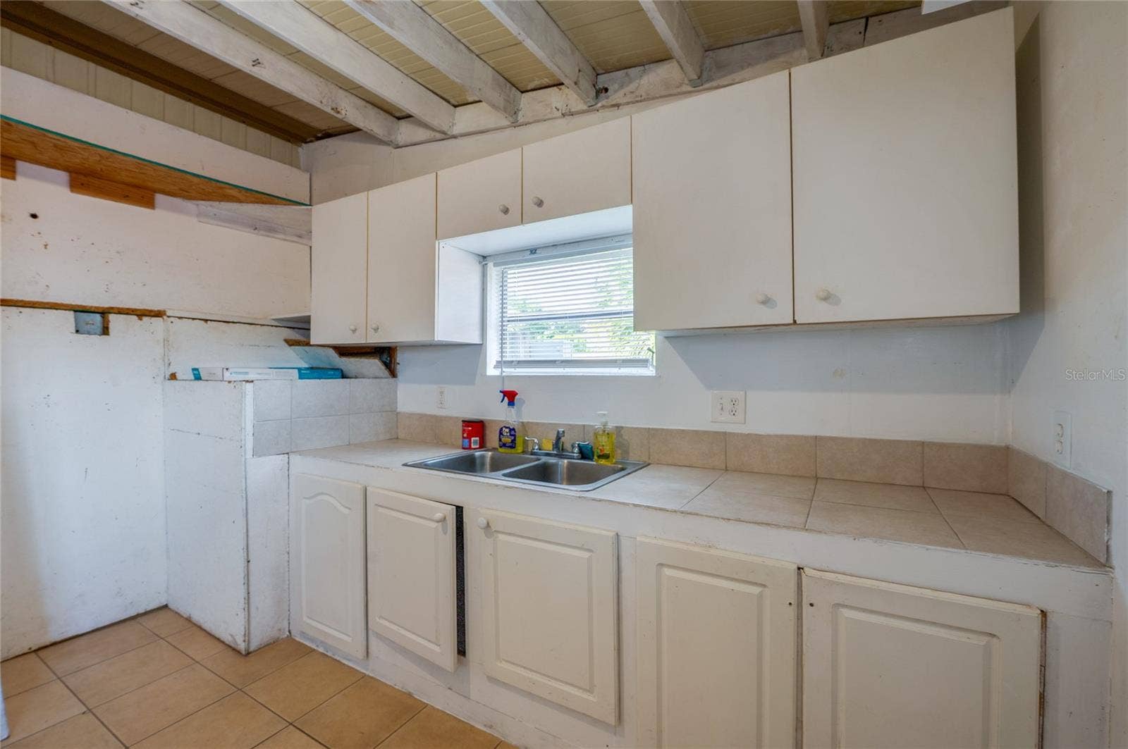 Dedicated utility space includes a double-basin sink, countertop workspace, upper and lower cabinetry, and a window above the sink.
