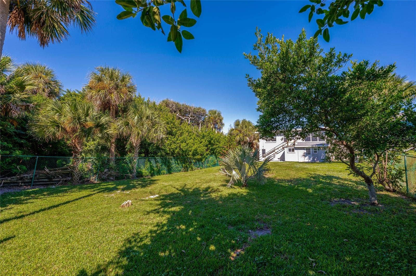 Lush green lawn surrounded by mature trees, palm plants, and chain-link fencing under a bright sky. The shaded grounds lead back toward the rear view of the home.