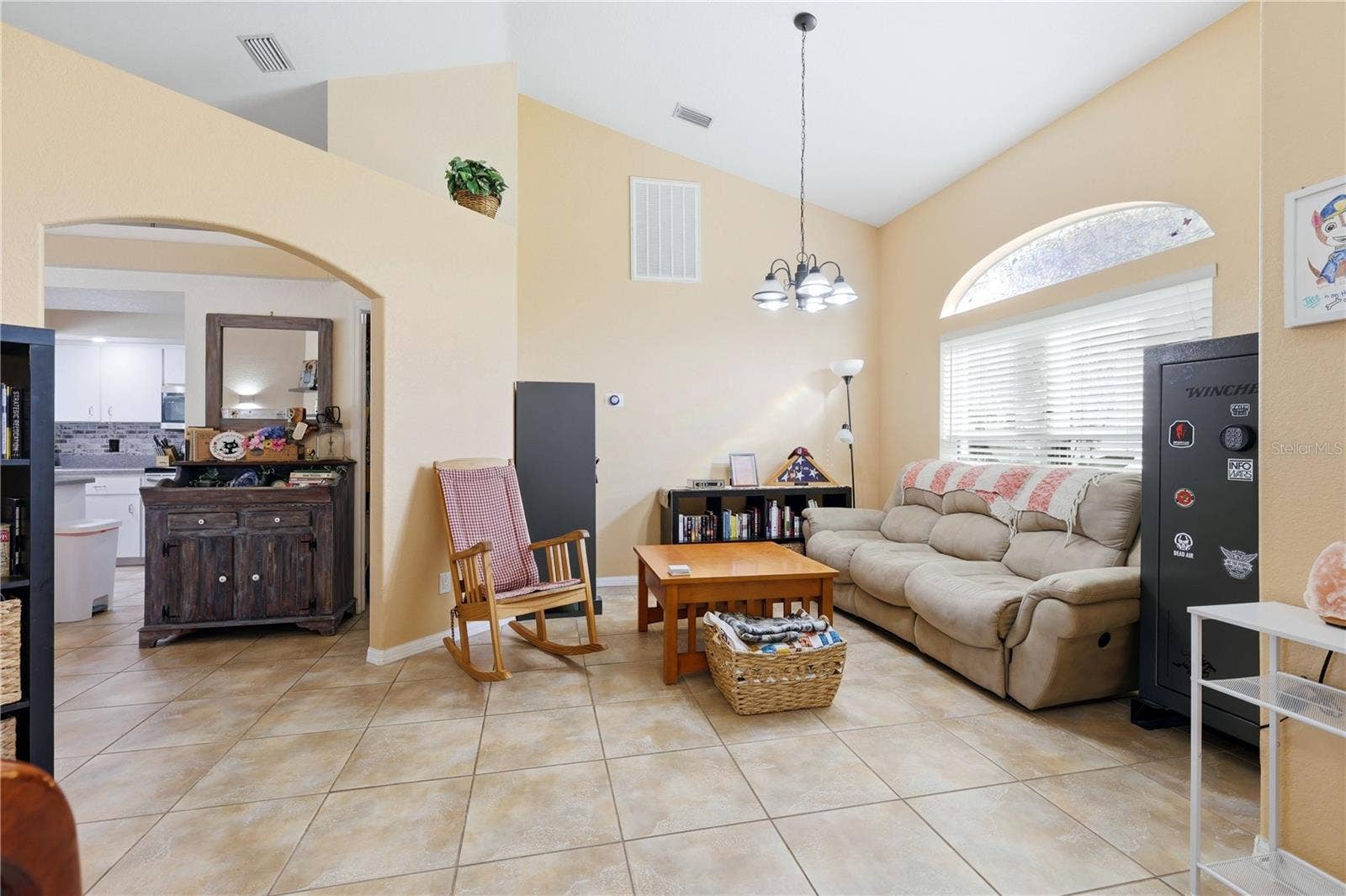 Living room with vaulted ceilings