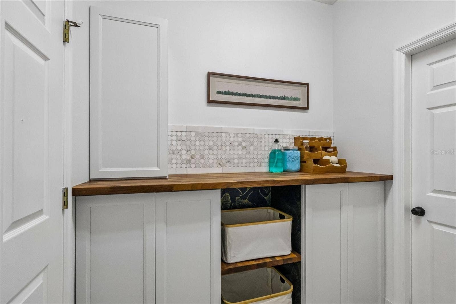 Downstairs laundry room with storage. Beautifully updated.
