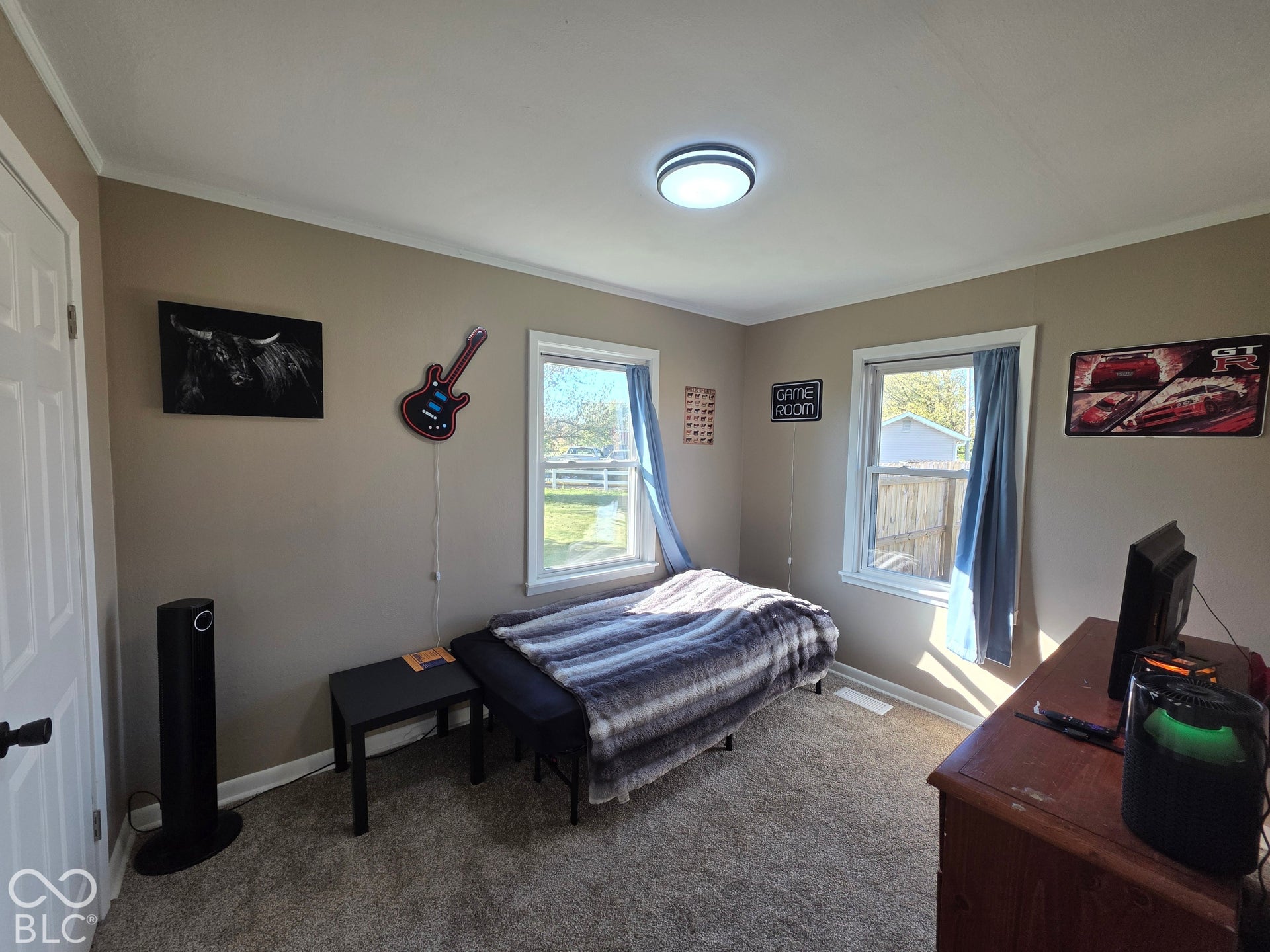 Neutral-toned room featuring plush wall-to-wall carpeting, dual windows, and a central flush-mount ceiling light fixture