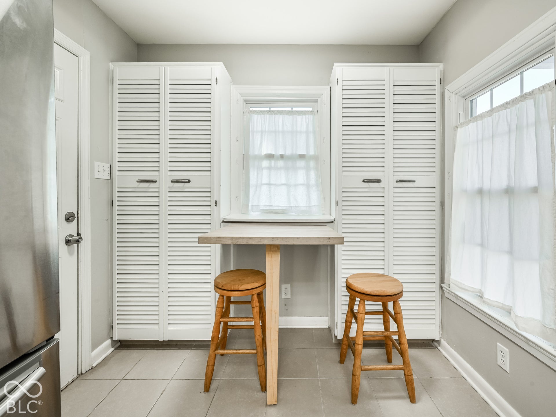Eating area in the kitchen. The table folds down to be out of the way.