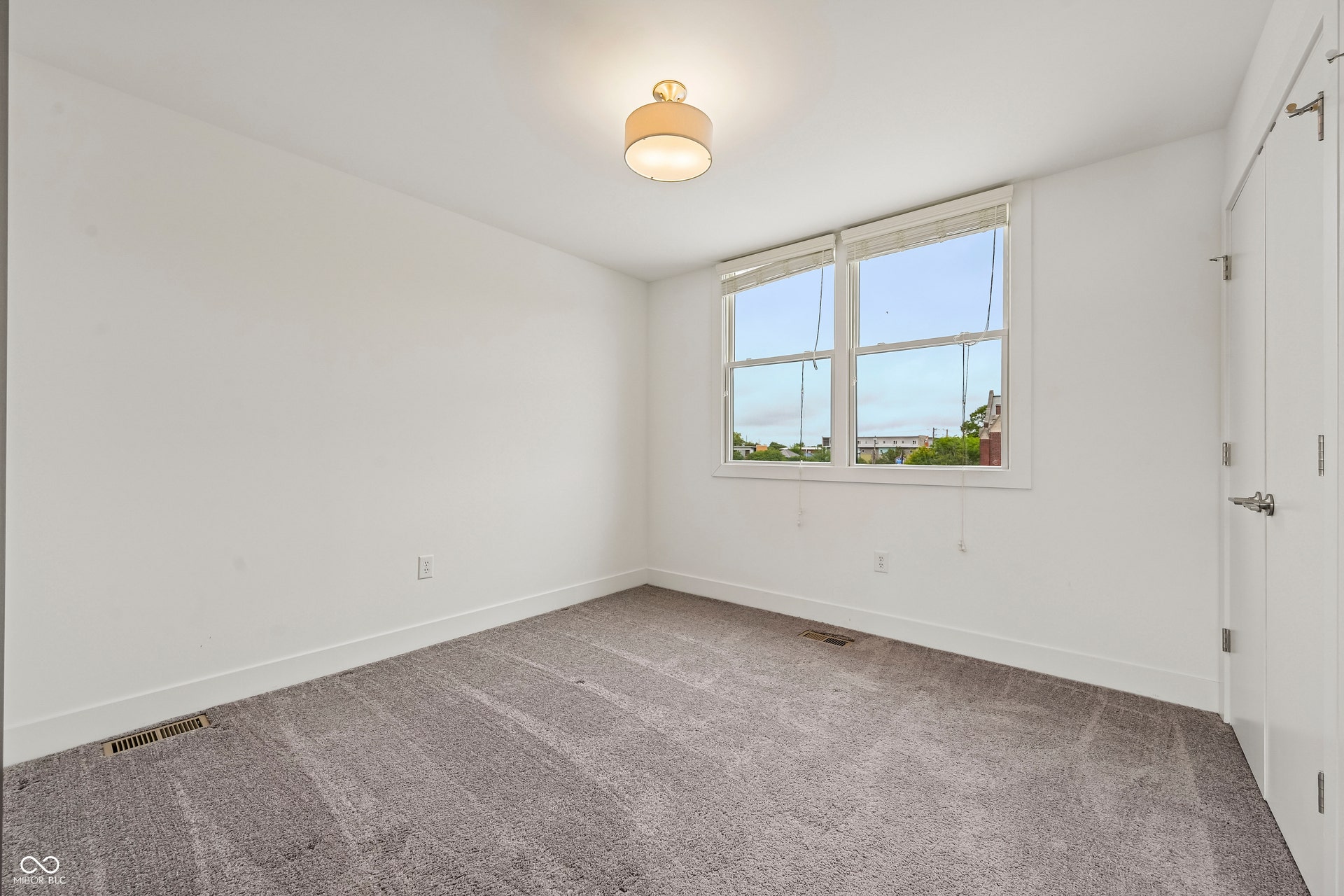 Carpeted room featuring a ceiling-mounted light fixture, two double-hung windows, white trim, and a white interior door with a silver-finish handle