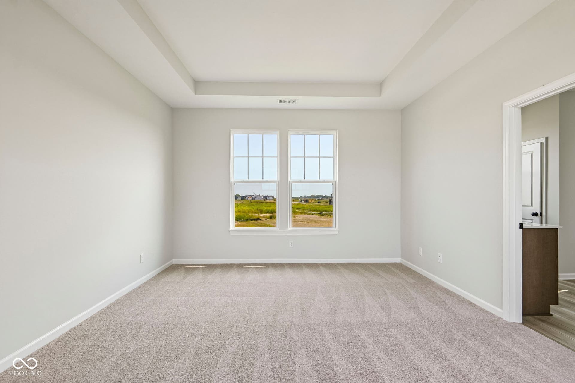 15691 Showdown Road, Noblesville, IN 46060 Spacious room featuring a tray ceiling, light gray walls, and soft gray carpeting