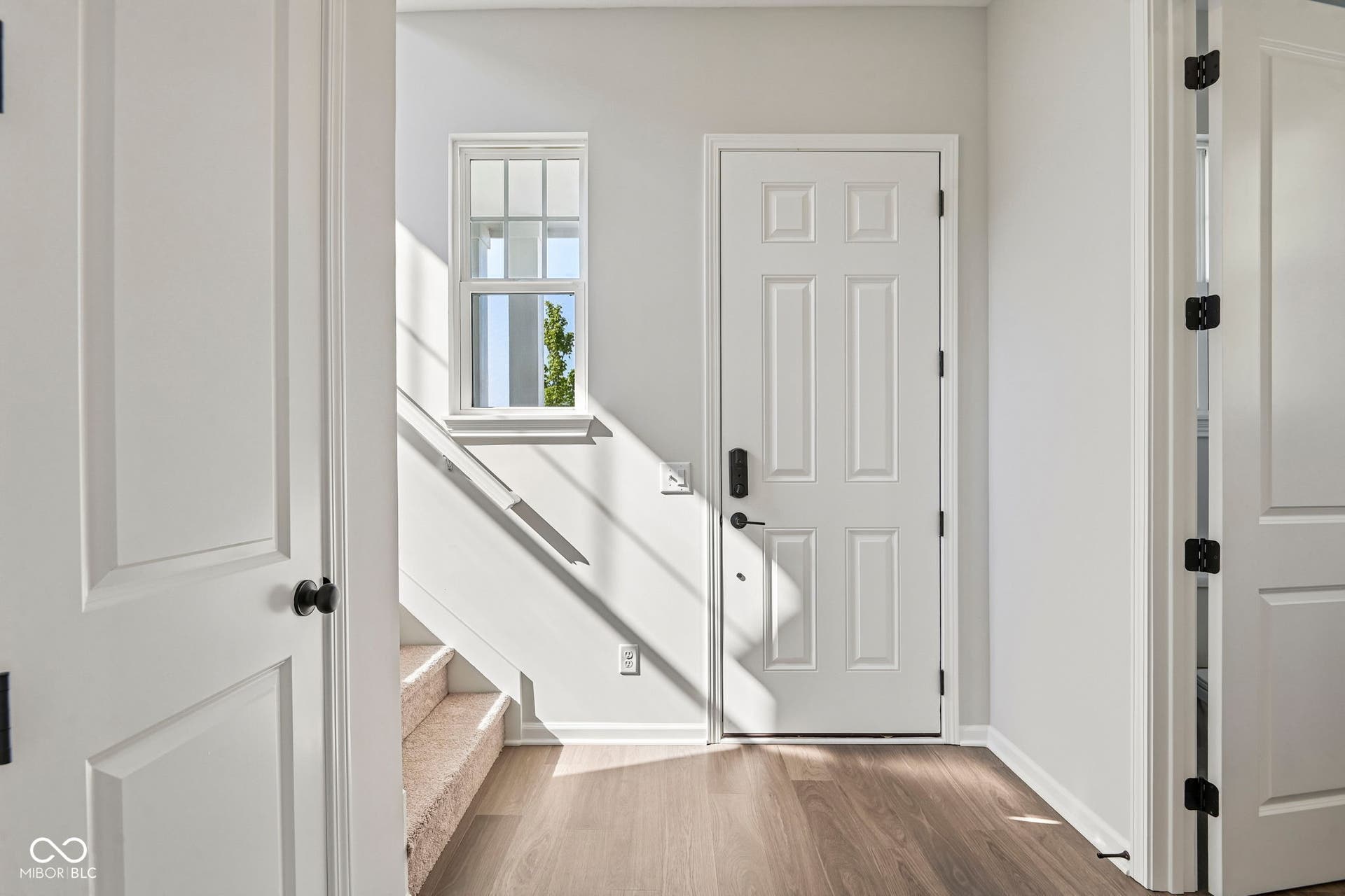15691 Showdown Road, Noblesville, IN 46060 Entryway featuring a paneled door, wood-finish flooring, a multi-pane window, and carpeted stairs