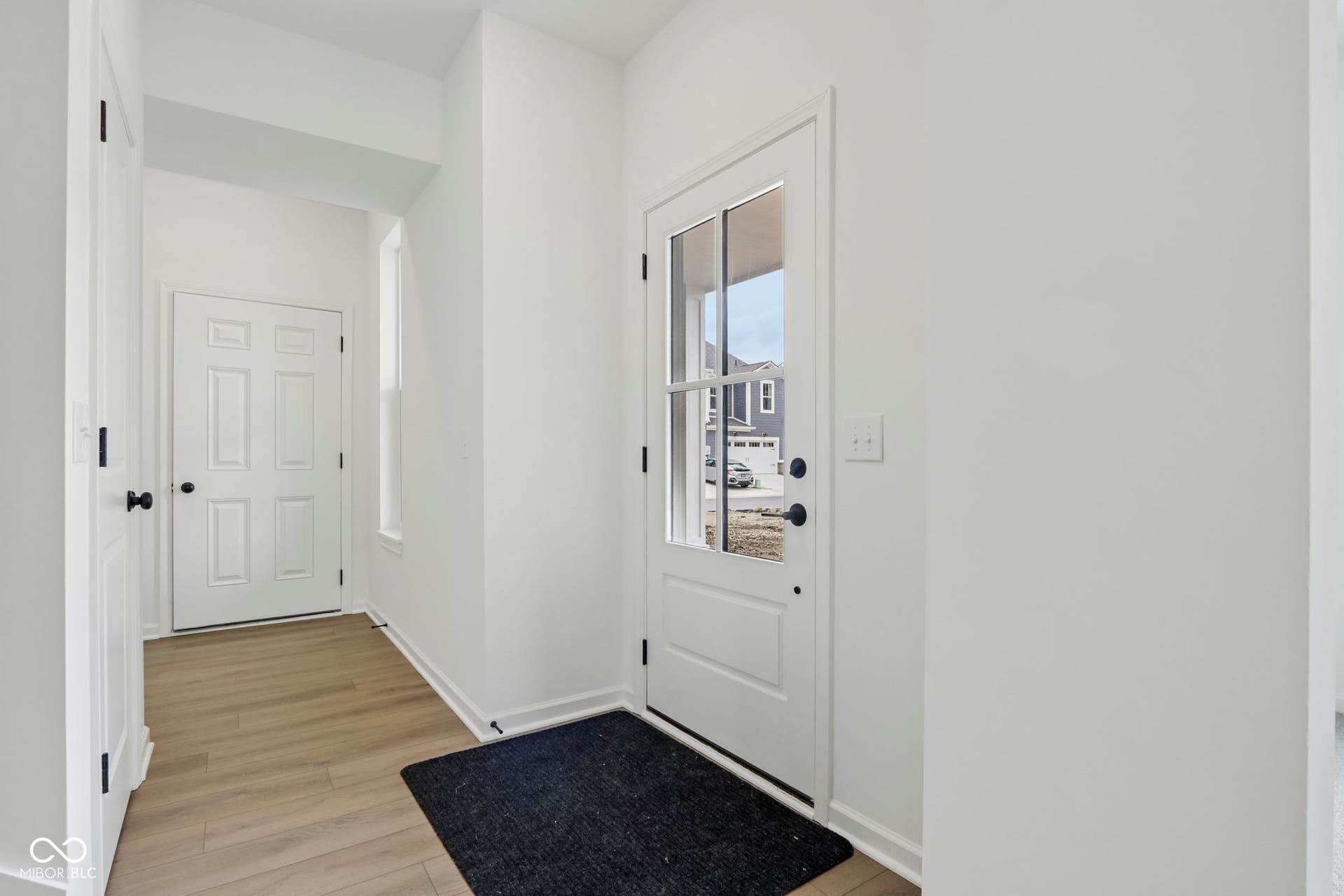 5748 Arcade Boulevard, McCordsville, IN 46055 Bright entryway featuring a clear-paneled front door, light wood-finish flooring, white trim, and a second six-panel door with matte black hardware