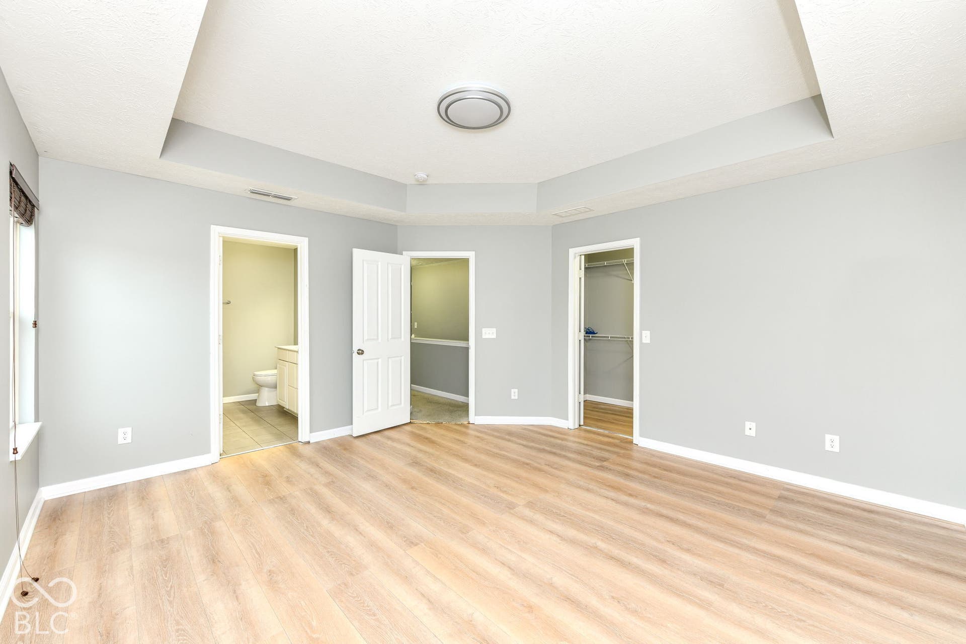 Recessed ceiling with central lighting fixture, light wood-finish flooring, and light gray wall paint