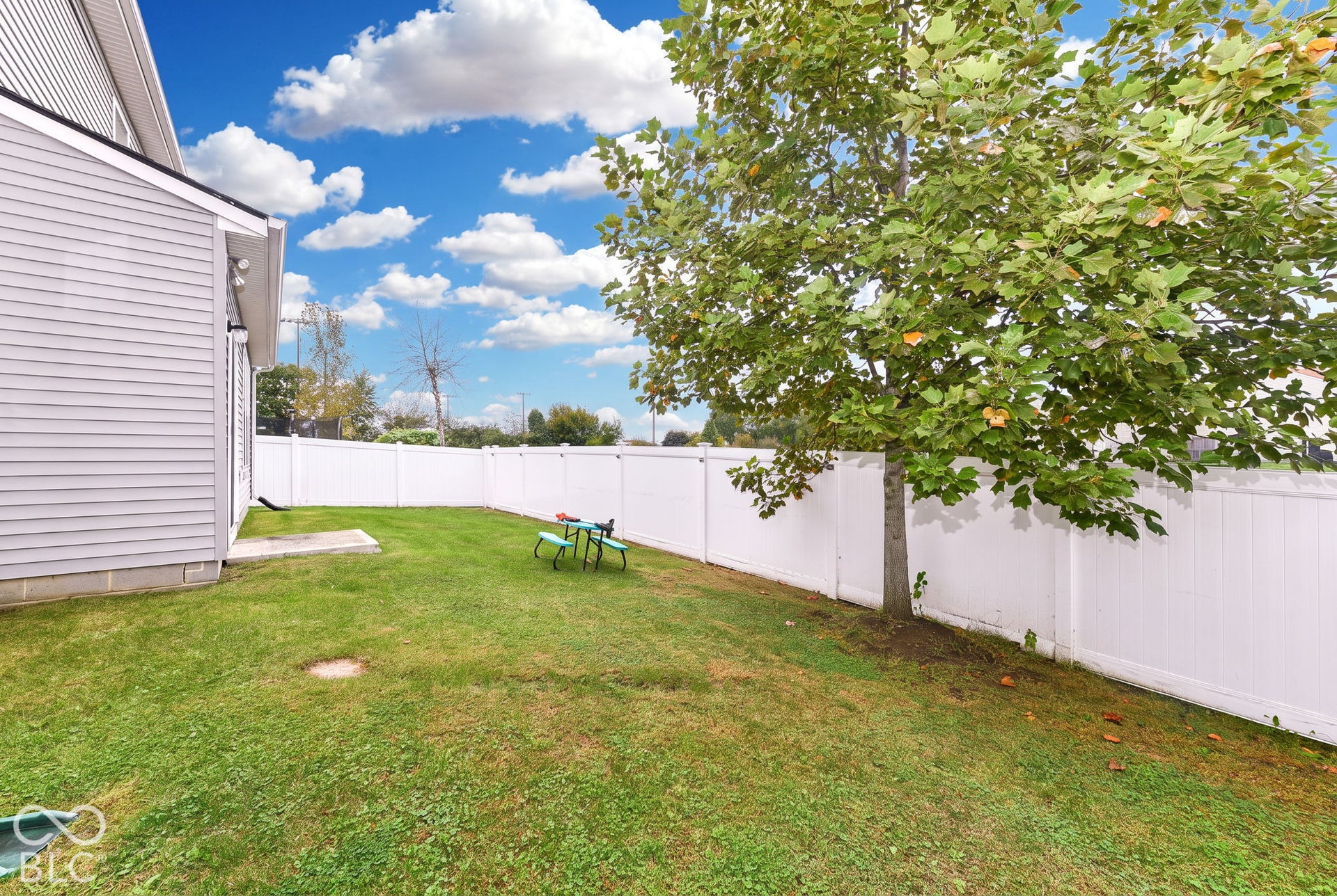 Expansive grassy yard with a white privacy fence and mature tree
