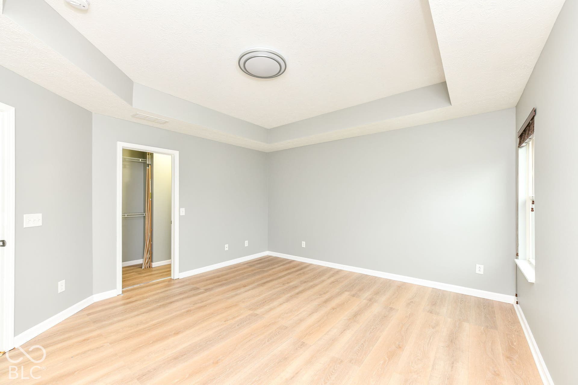 Recessed ceiling with central flush mount lighting, light gray walls, wood-finish flooring, and white trim