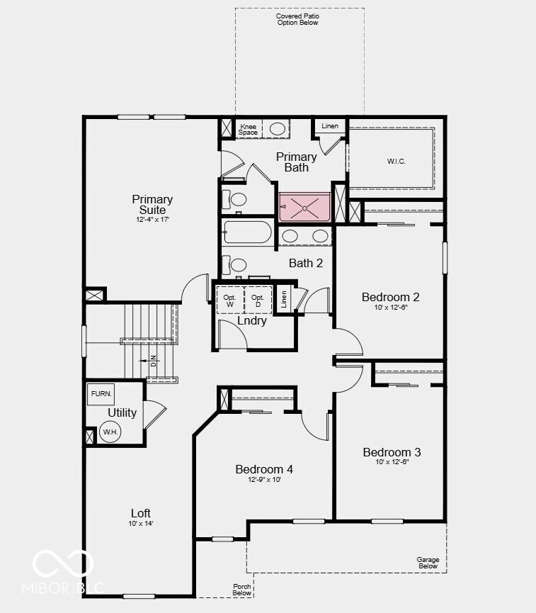 Second Floor Plan - Additional highlights include uncovered back patio, water softener rough-in located under the stairs, and walk-in shower the primary bathroom