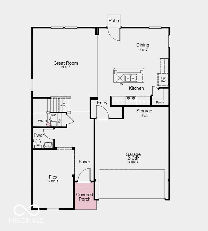First Floor Plan - Additional highlights include uncovered back patio, water softener rough-in located under the stairs, and walk-in shower the primary bathroom