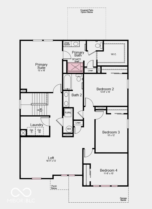 Second Floor Plan - Additional Highlights Include: water softener rough-in located under the stairs, and a walk-in shower in the primary bathroom