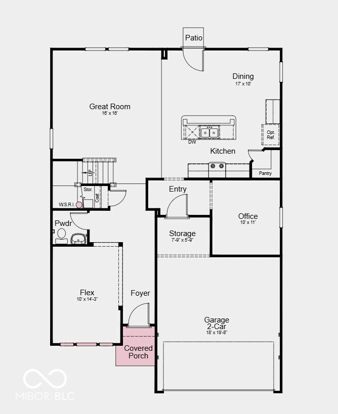 First Floor Plan -Additional Highlights Include: water softener rough-in located under the stairs, and a walk-in shower in the primary bathroom