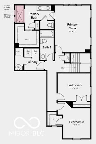 Second Floor Plan - Additional Highlights Include: tile walls and bench at primary shower, water softener rough-in, LVP flooring throughout main living area, and built-in trash can at kitchen island