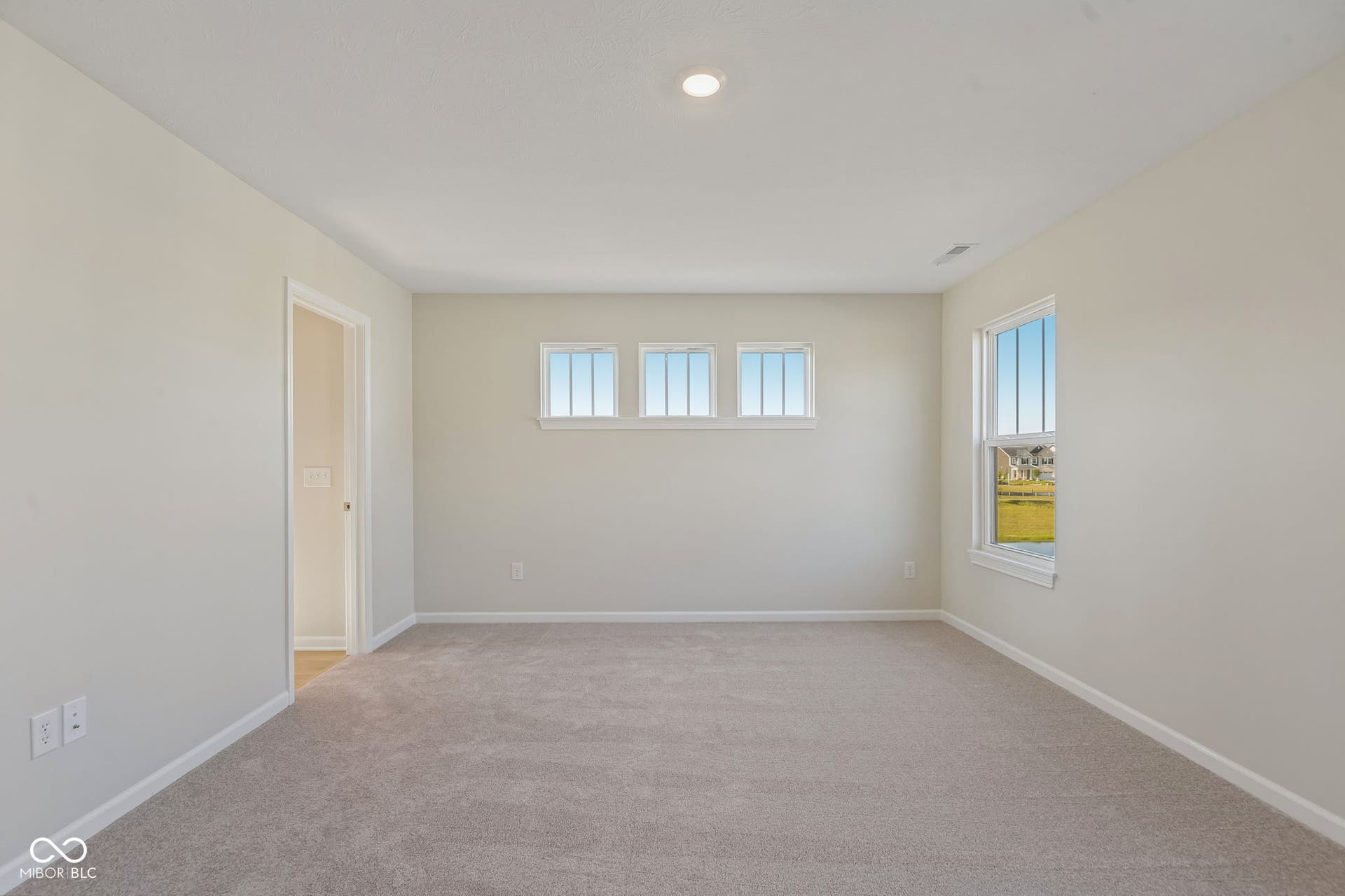 Spacious room featuring neutral carpeting, light-colored wall paint, and multiple windows with white trim