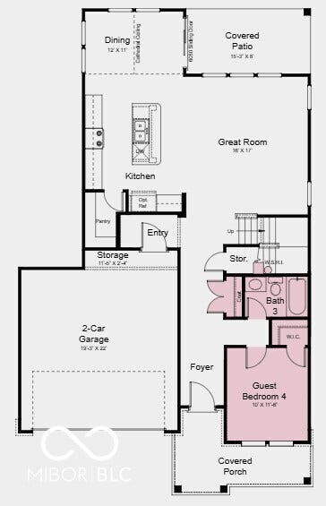 First Floor Plan - Additional Highlights Include: tile walls and bench at primary shower, water softener rough-in, LVP flooring throughout main living area, and built-in trash can at kitchen island