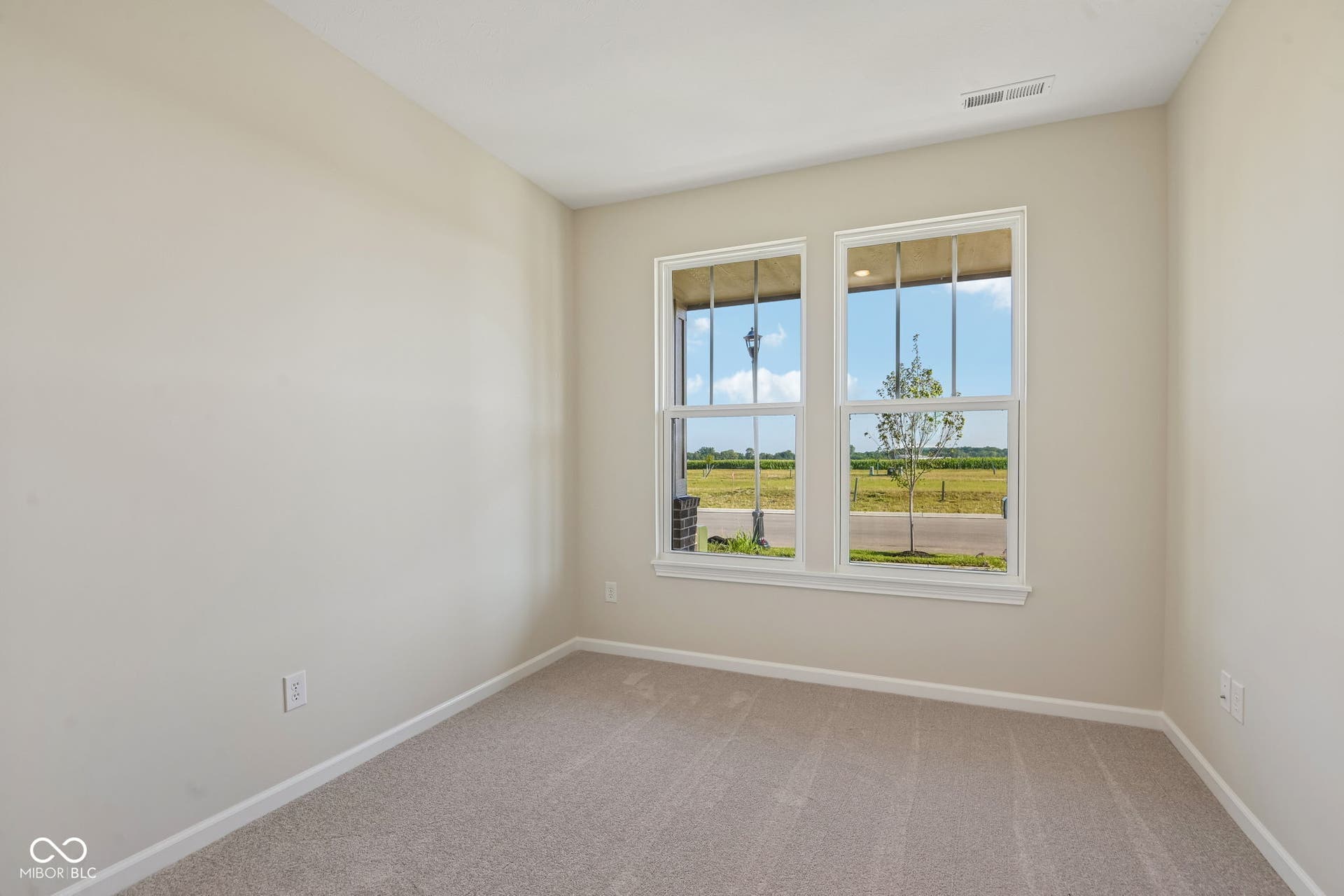Light-filled room featuring two large windows, neutral-toned walls, and soft carpeting
