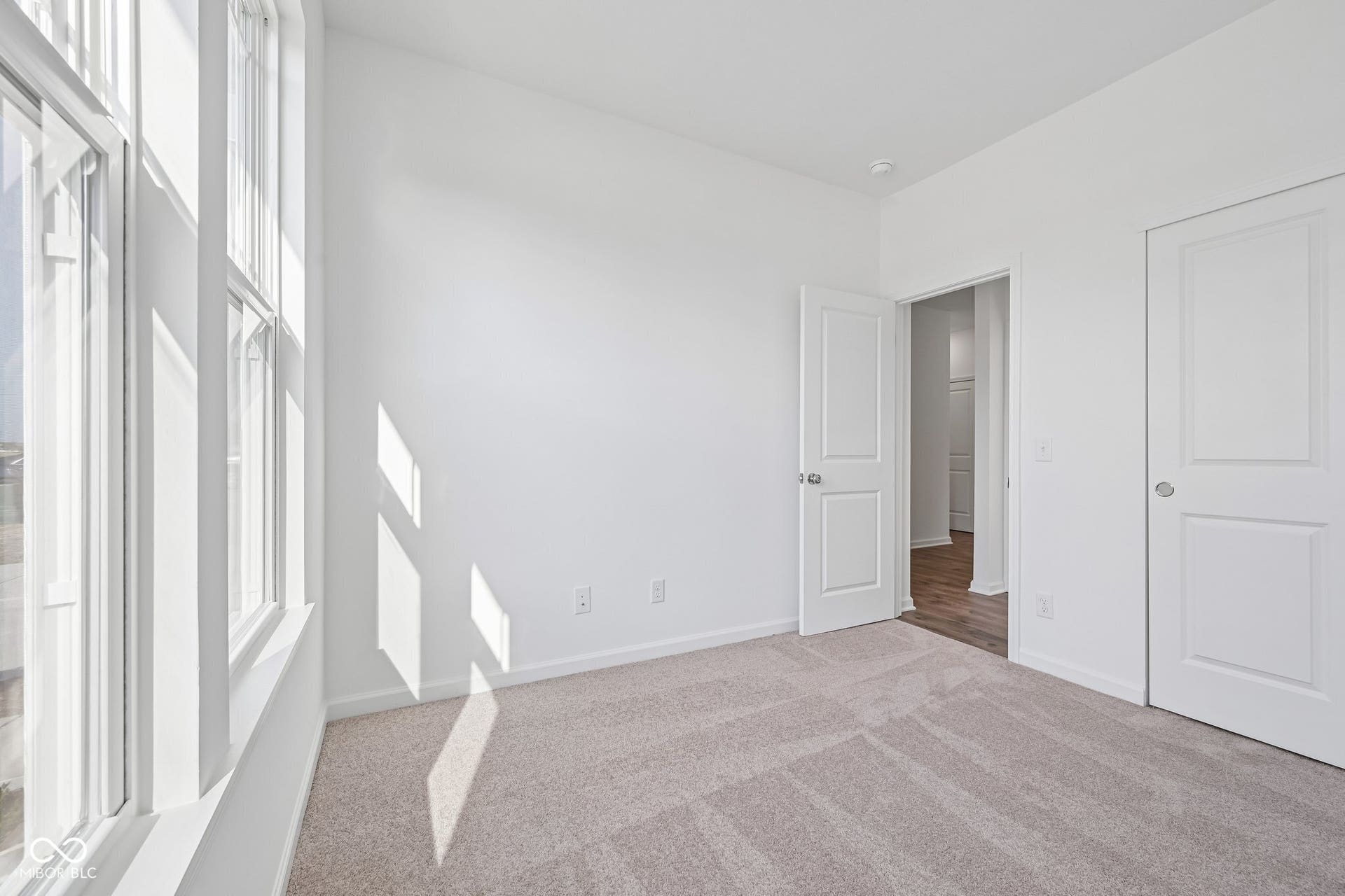 Neutral tone carpeting, white painted walls, large multi-pane window, white paneled interior doors, and recessed ceiling lighting