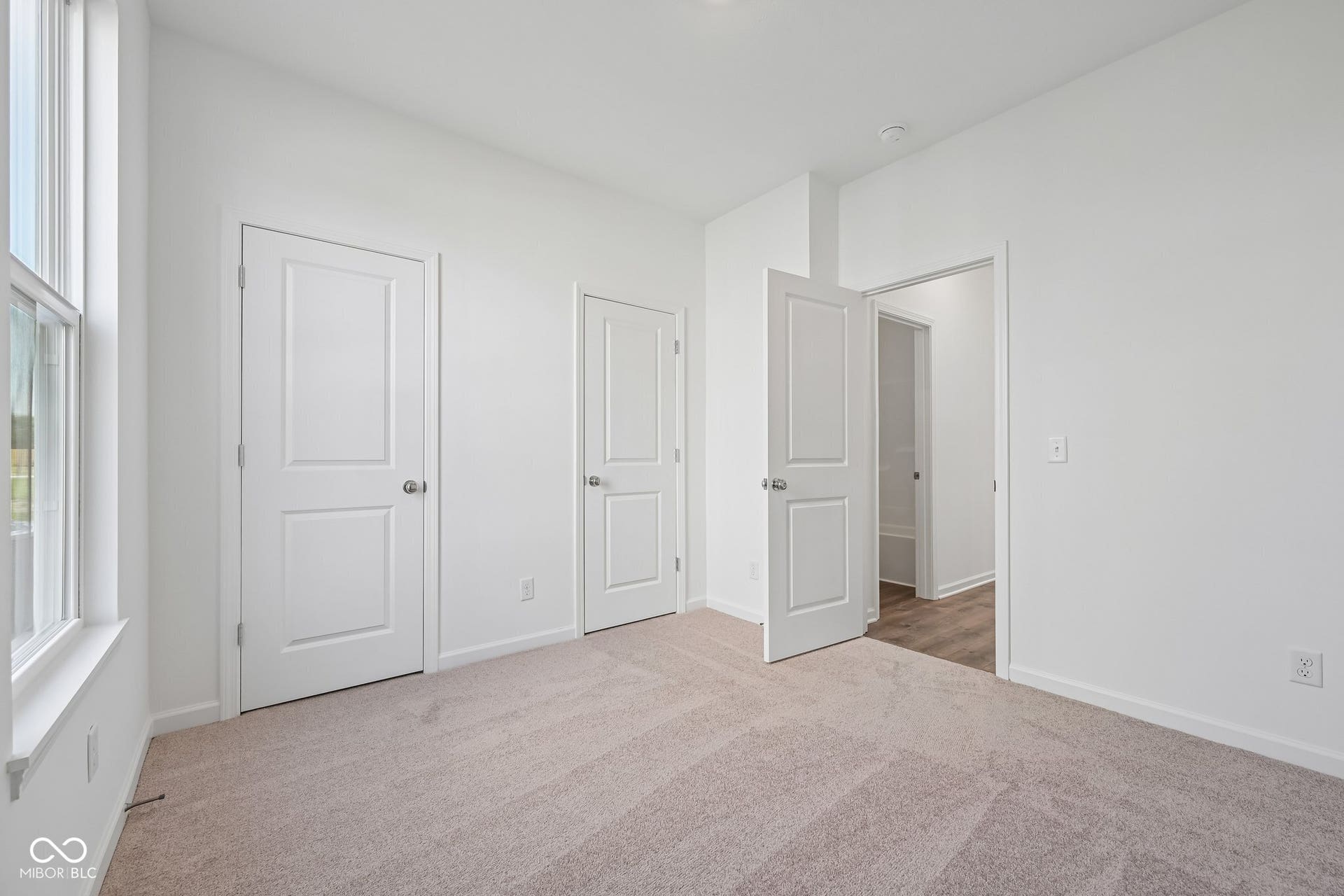 Carpeted flooring, white interior doors, bright window, and neutral wall tones