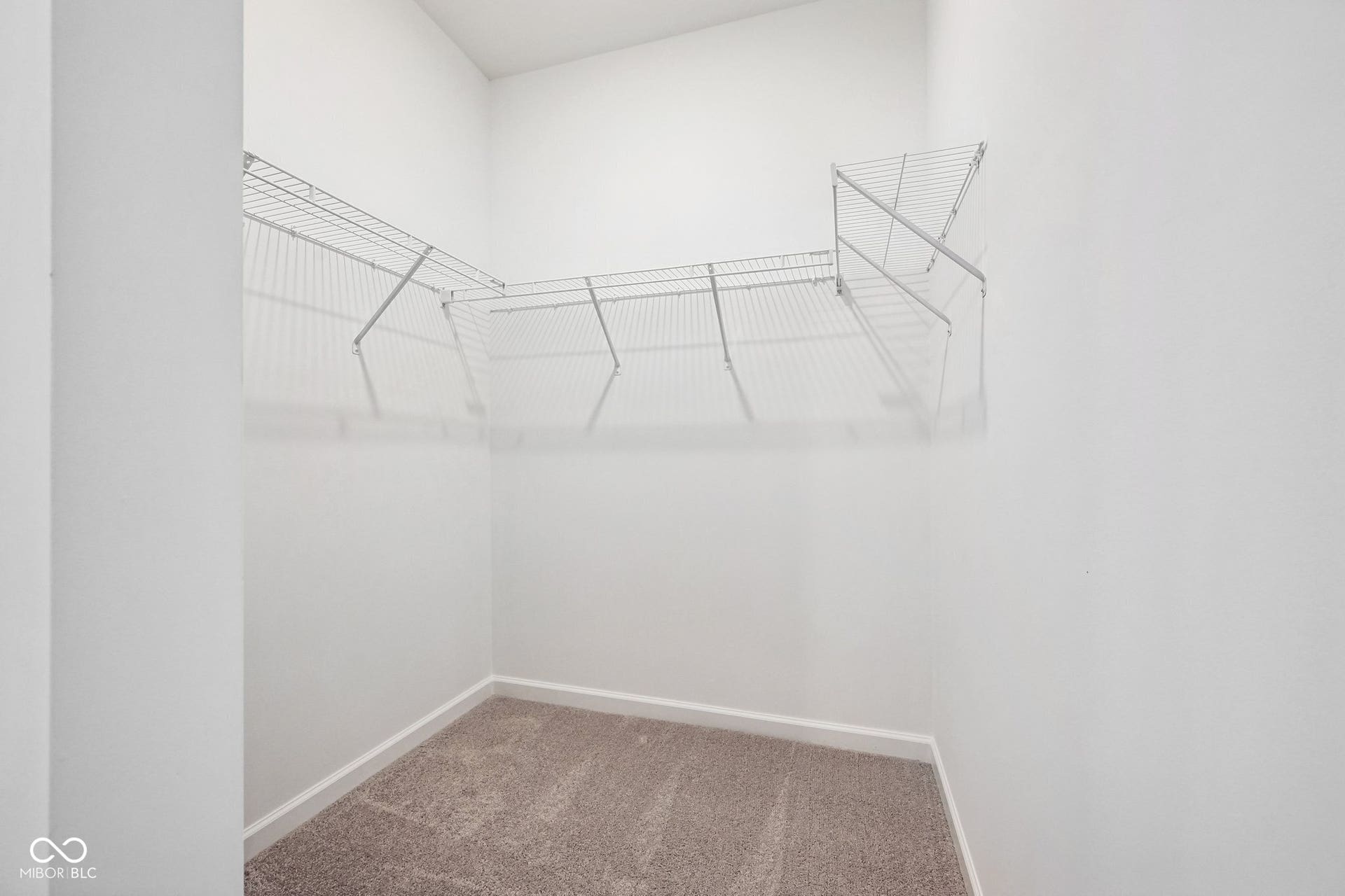 Walk-in closet with wire shelving and light-toned carpeting