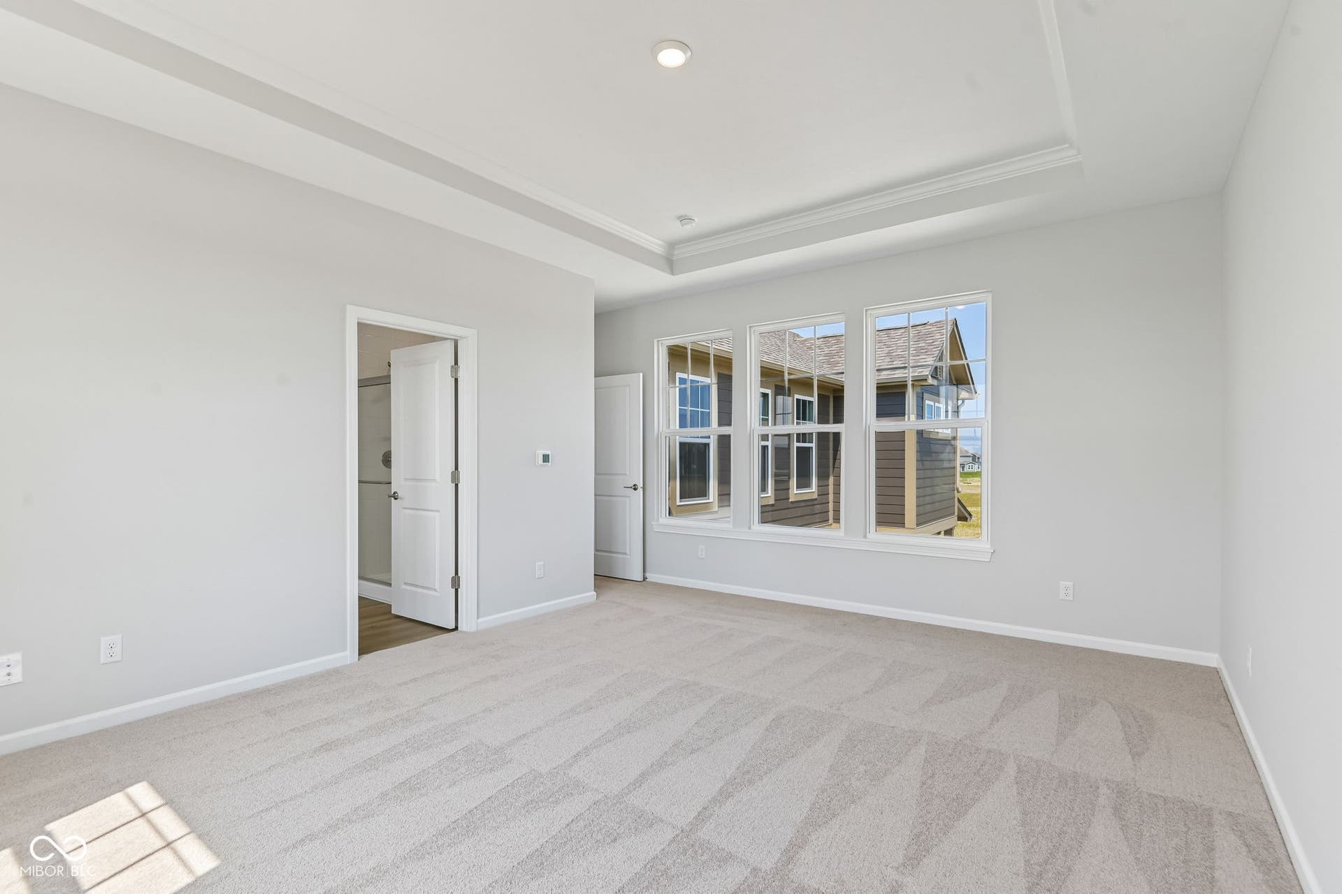 15762 Showdown Road, Noblesville, IN 46060 Spacious carpeted room featuring a tray ceiling, three large windows, and neutral wall tones