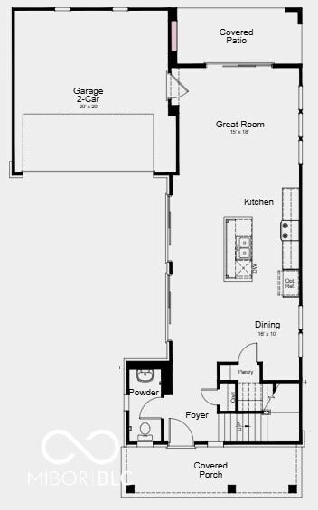 15762 Showdown Road, Noblesville, IN 46060 First Floor Plan - Additional Highlights Include: luxury vinyl plank flooring, gas line in kitchen, water softener rough-in at laundry room, 60" tile wall shower with shelf and bench, upgraded motion sense kitchen faucet, and garage door opener