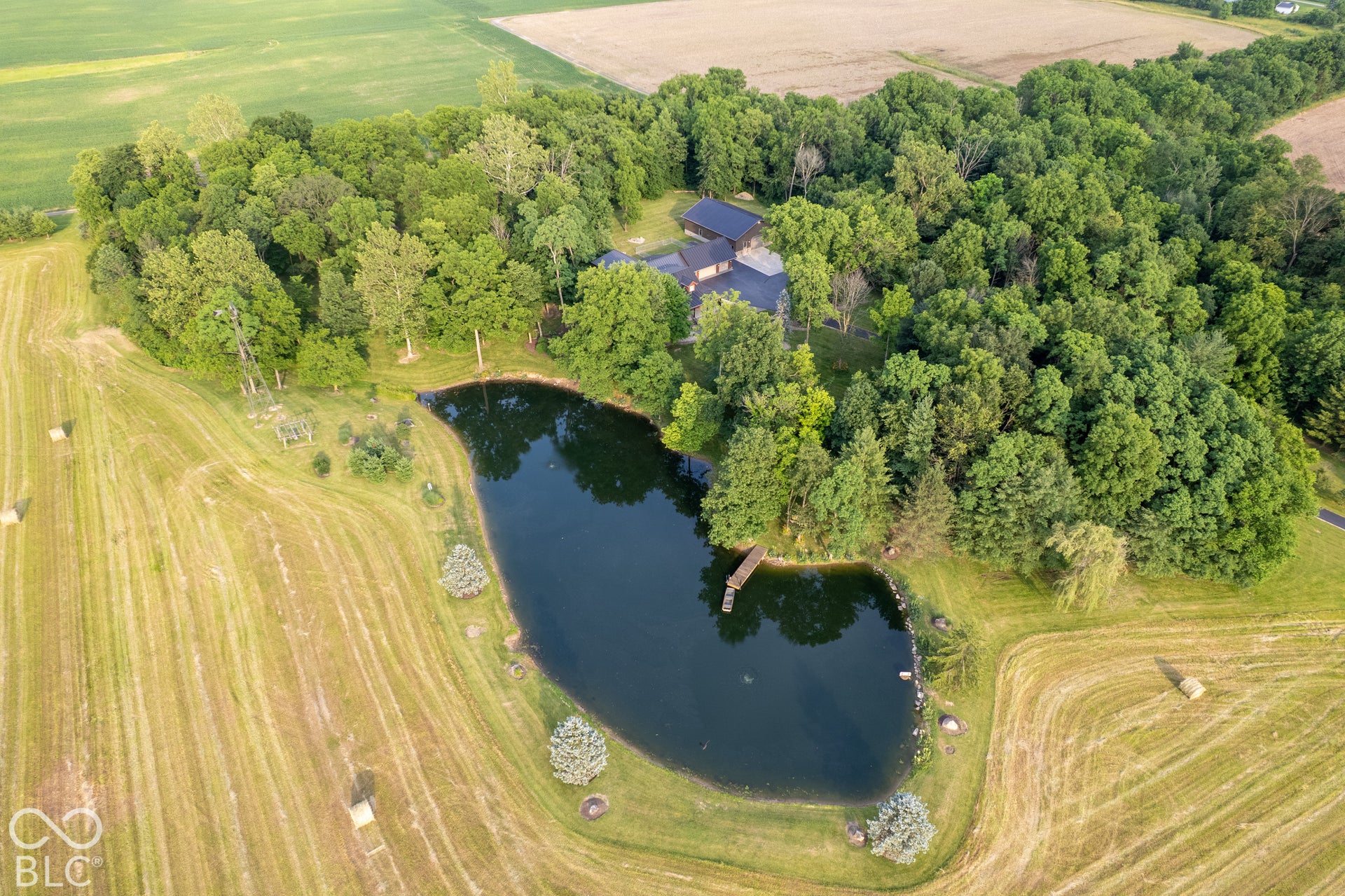 Extensive private pond with a wooden dock