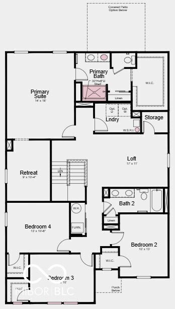 Second Floor Plan - Additional Highlights Include: tile wall shower with shelf at primary bath, 12x12 uncovered patio, gas line in kitchen, and water softener rough-in