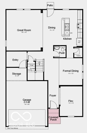 First Floor Plan - Additional Highlights Include: tile wall shower with shelf at primary bath, 12x12 uncovered patio, gas line in kitchen, and water softener rough-in