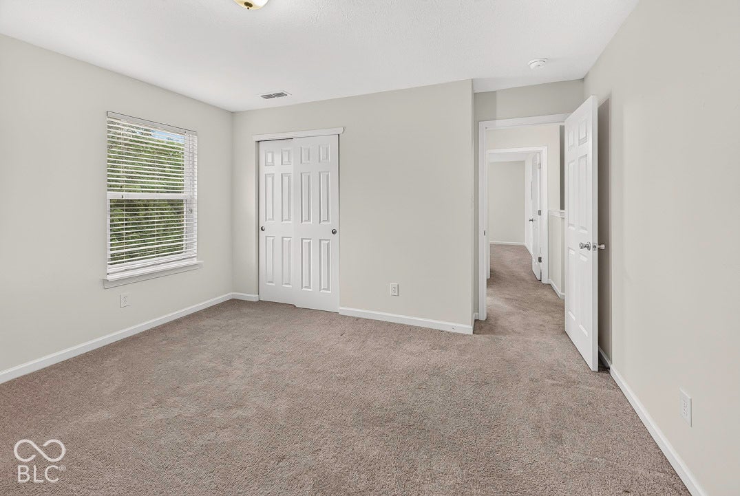 Light gray wall paint, gray carpeting, a built-in closet with paneled bi-fold doors, a single window with blinds, and a flush mount ceiling light