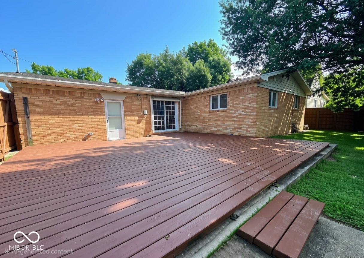 Expansive wood-finish deck with multiple access points to the brick exterior