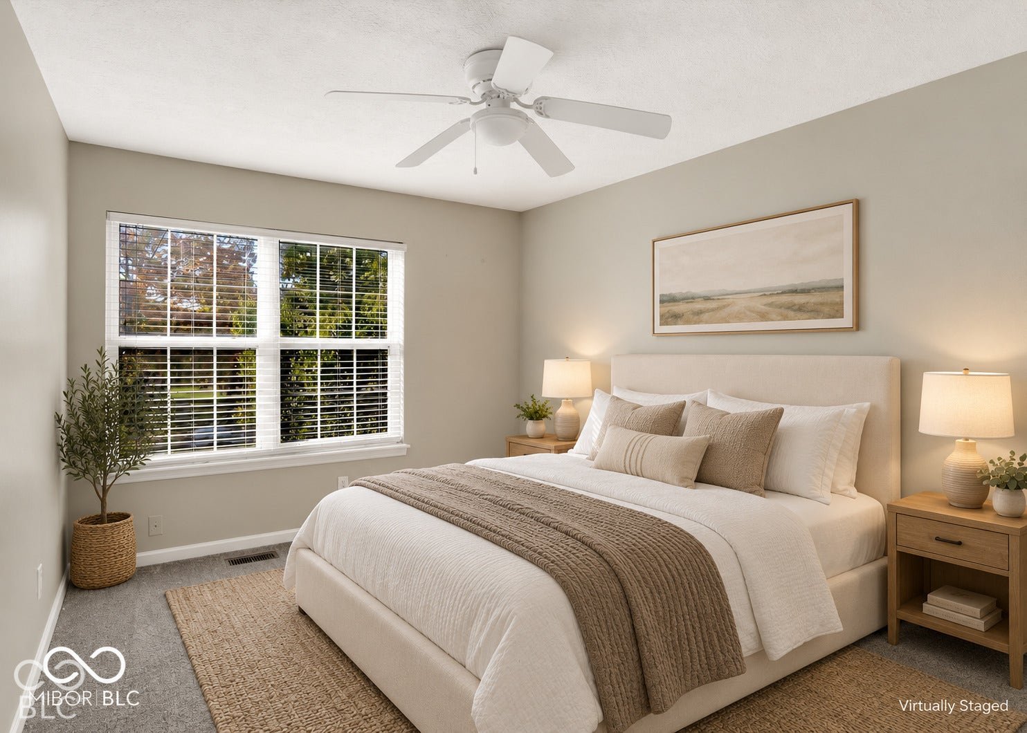 Recessed window with white blinds, neutral wall paint, and a white ceiling fan