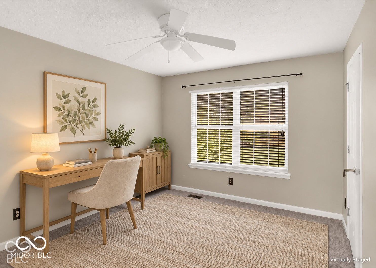 Recessed window with white blinds, neutral wall paint, white ceiling fan, and white trim