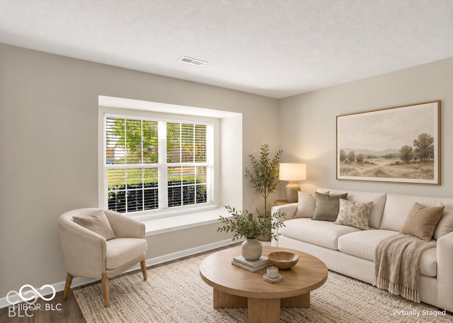 Bay window with white trim and blinds