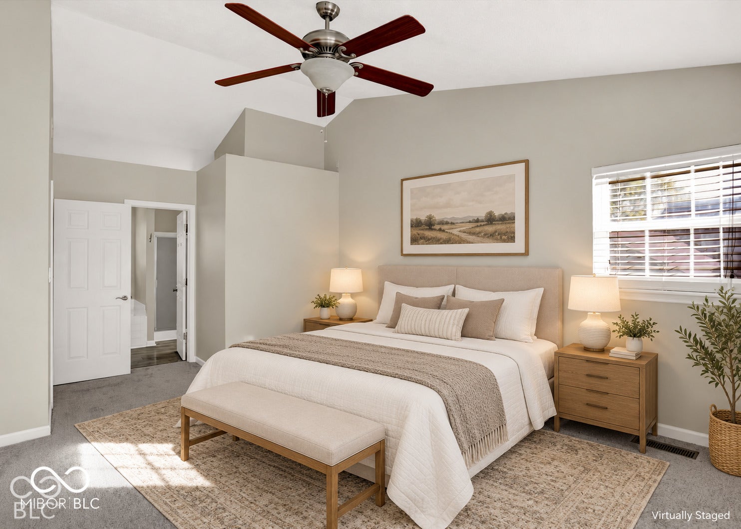 Vaulted ceiling with ceiling fan, window with blinds, panel doors, and neutral wall paint