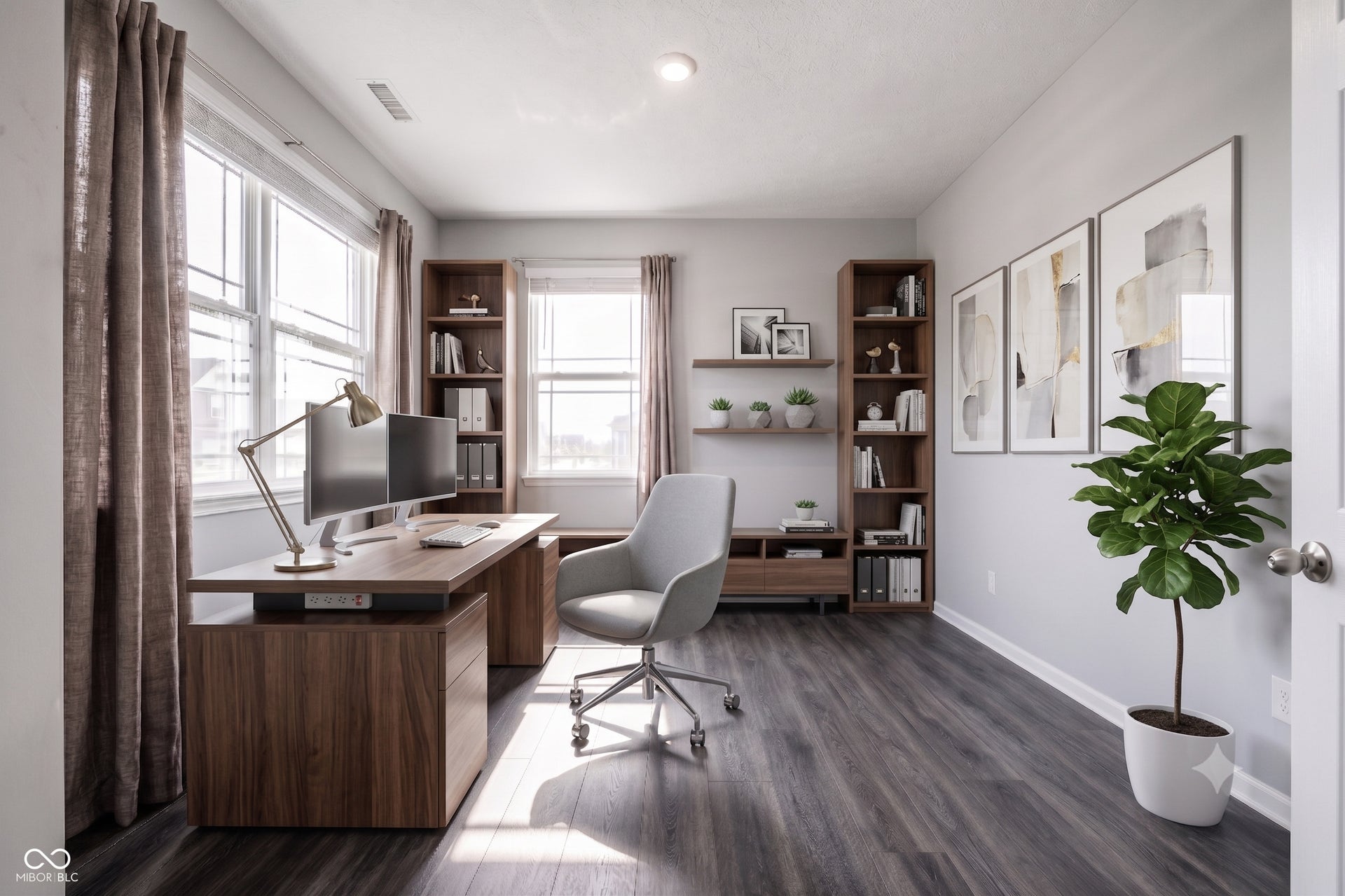 Virtually Altered - Virtually staged view of the front flex space currently used for fitness.