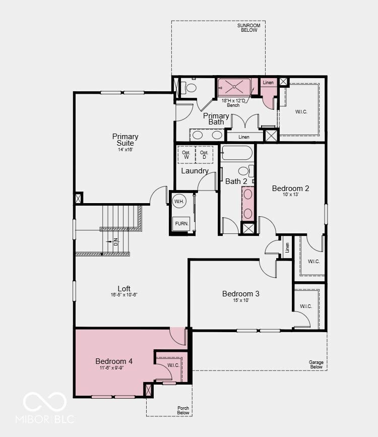Second Floor Plan - Additional Highlights Include: water softener rough-in, shower with a built-in bench in the primary bathroom, GE stainless steel appliance package, RevWood flooring on the main floor, and LVP flooring in all bathrooms