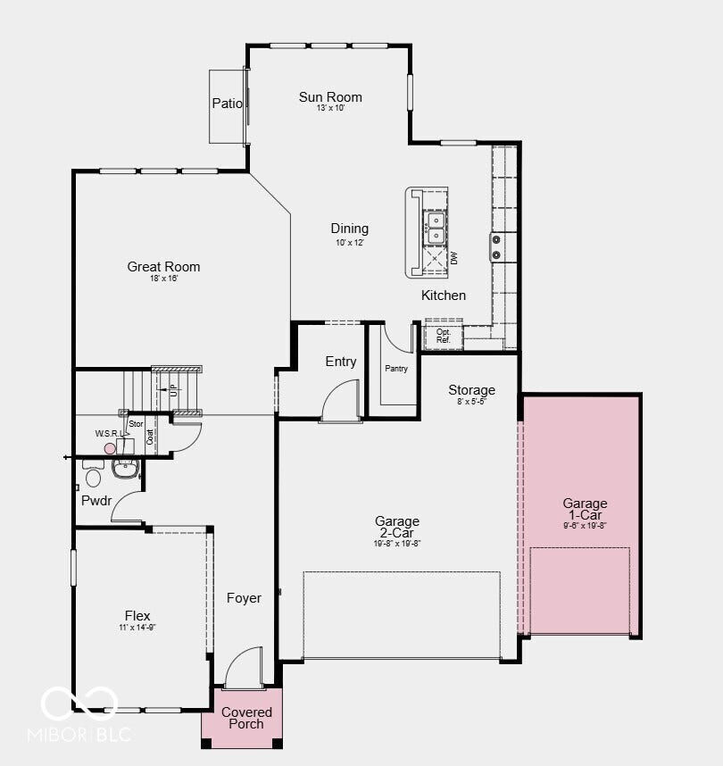 First Floor Plan - Additional Highlights Include: water softener rough-in, shower with a built-in bench in the primary bathroom, GE stainless steel appliance package, RevWood flooring on the main floor, and LVP flooring in all bathrooms
