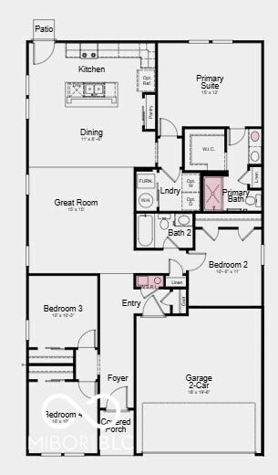 8737 Comstock Court, Camby, IN 46113 First Floor Plan - Additional Highlights Include: Smooth wall shower at primary bath, gas line and 110V outlet at kitchen, water softener rough-in, 36" upper kitchen cabinets, RevWood flooring in main living area, and single bowl sink in kitchen