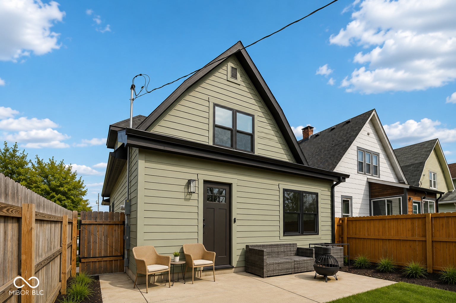 Virtually Altered - Rear exterior featuring light green horizontal siding and a dark brown door with transom window