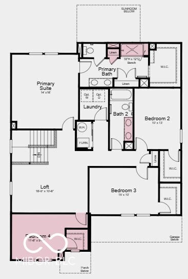 Second Floor Plan - Additional Highlights Include: tile wall shower with bench in primary bath, 14x13 uncovered patio, and gas line in kitchen