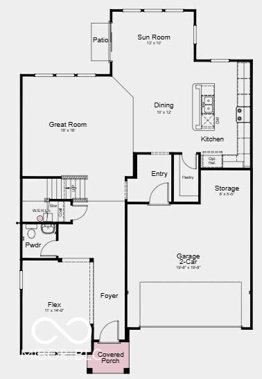 First Floor Plan - Additional Highlights Include: tile wall shower with bench in primary bath, 14x13 uncovered patio, and gas line in kitchen