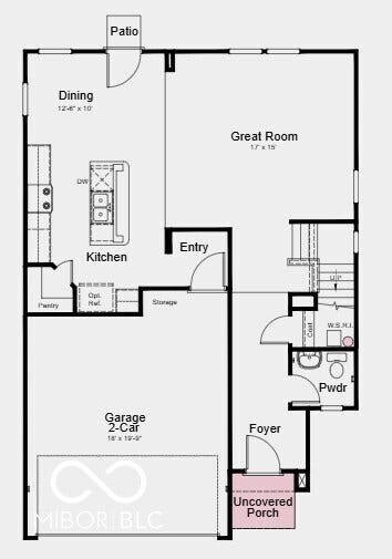 First Floor Plan - Additional Highlights Include: 12x12 uncovered patio, gas line in kitchen, and water softener rough-in at storage under stairs