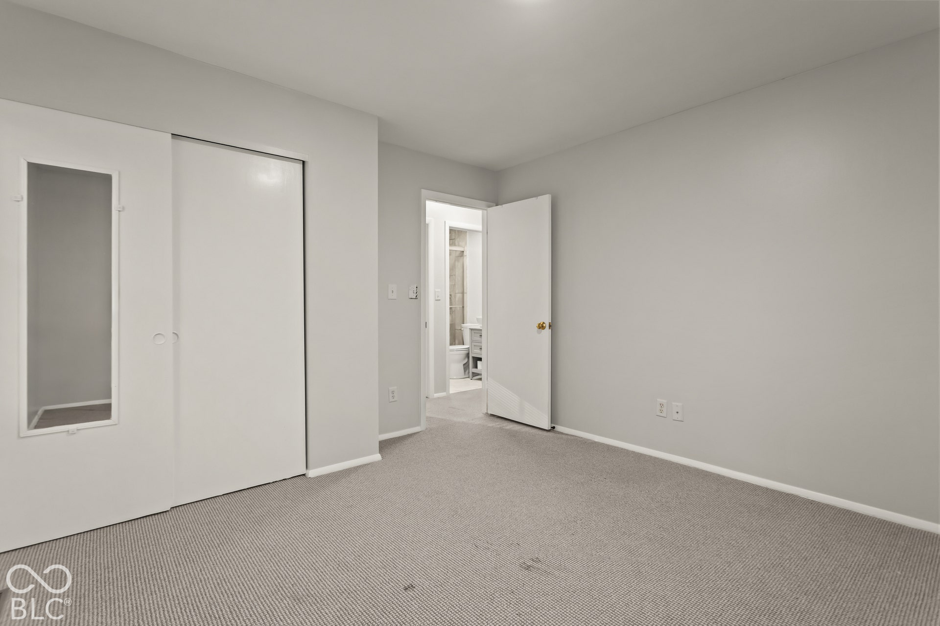 Built-in mirrored closet doors, neutral wall paint, and gray carpet flooring