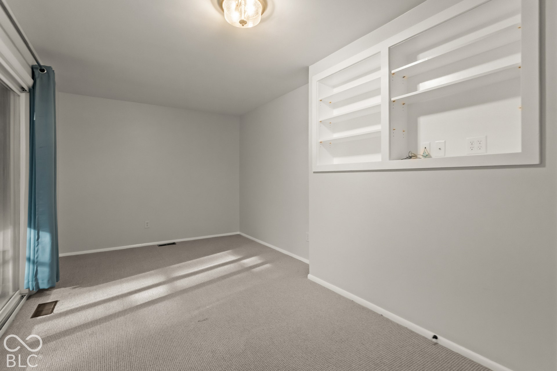 Recessed built-in shelving, flush-mount ceiling light fixture, and carpeted flooring