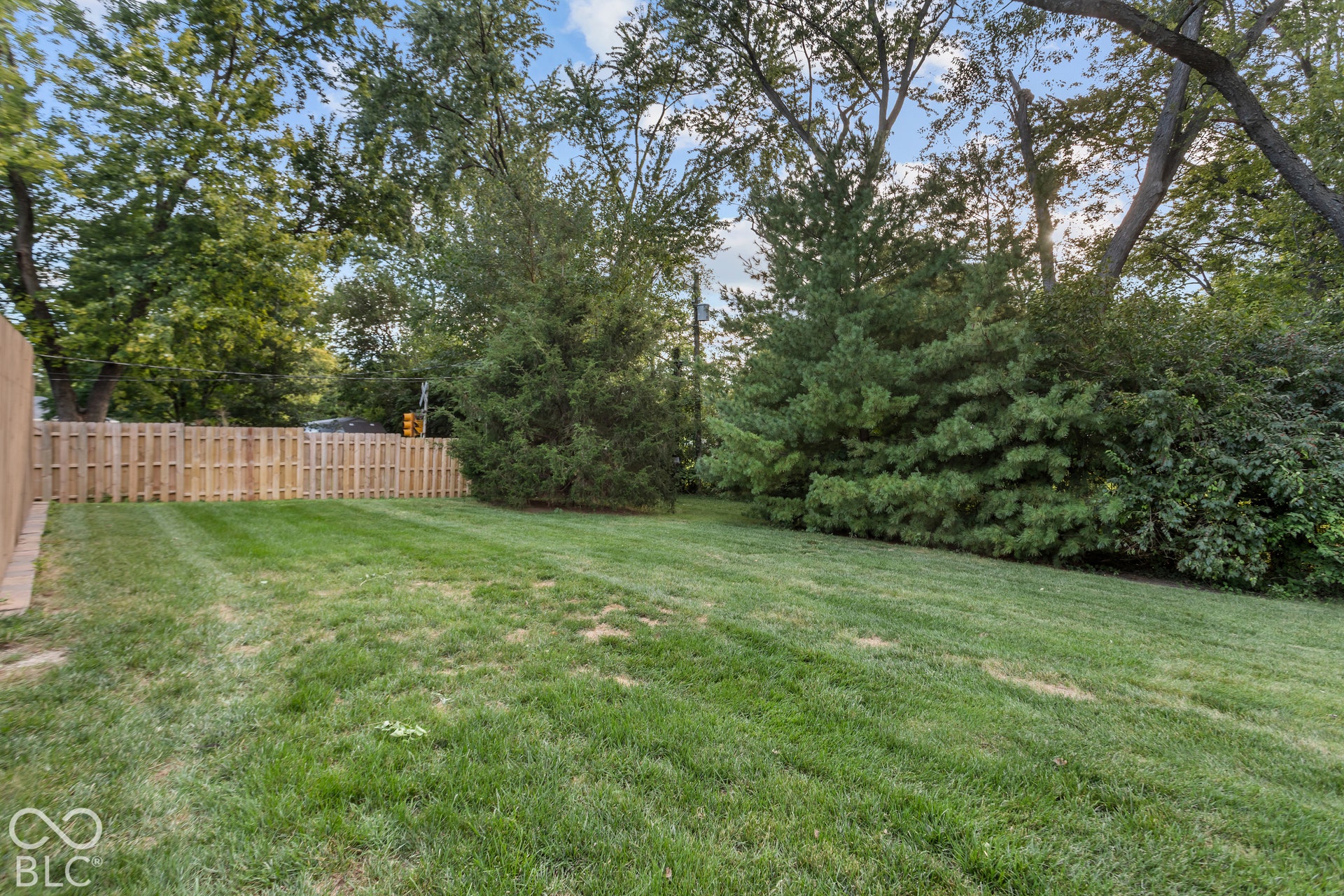 Expansive backyard featuring a manicured lawn, established privacy fencing, and mature trees