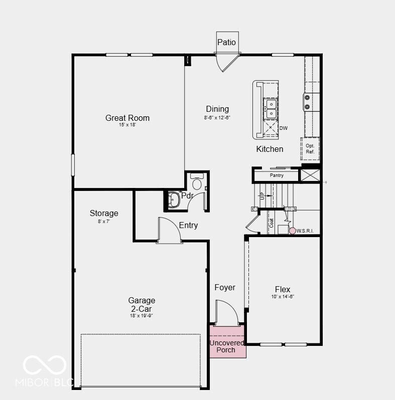 First Floor Plan - Additional Highlights Include: 12x12 uncovered patio, 36" kitchen cabinets, and gas line in kitchen